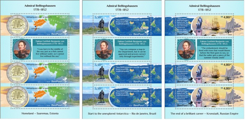 Estonia Estland Estonie 2024 Admiral Bellingshausen Geographical discoveries Antarctica BeePost set of 3 sheetlets with labels MNH - Image 1
