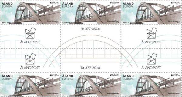 Aland Islands Åland Finland 2018 Europa CEPT Bridges block of 6 stamps and 6 labels MNH