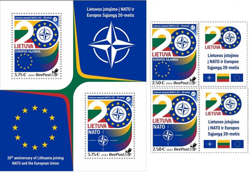 Lithuania Litauen Lituanie 2024 20 Years in EU and NATO BeePost set with labels and block MNH - Image 1