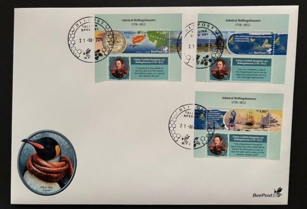 Estonia Estland Estonie 2024 Admiral Bellingshausen Geographical discoveries Antarctica BeePost set of 3 stamps with labels FDC