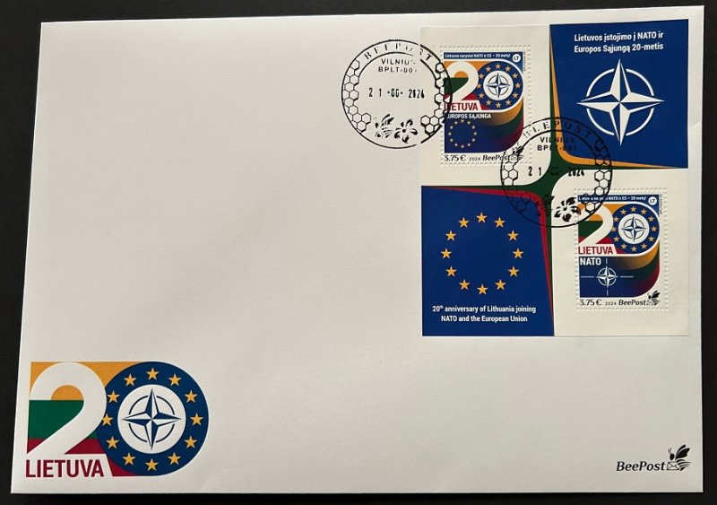 Lithuania Litauen Lituanie 2024 20 Years in EU and NATO BeePost block FDC - Image 1