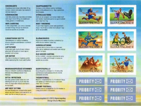 Finland Finnland Finlande 2013 'Crazy Finns' National sports set of 6 stamps with labels in booklet MNH