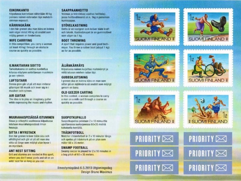 Finland Finnland Finlande 2013 'Crazy Finns' National sports set of 6 stamps with labels in booklet MNH - Image 1