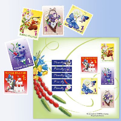 Finland Finnland Finlande 2014 Greeting stamps Butterly Cat Flowers set of 5 stamps with labels in booklet MNH