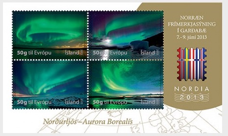 Iceland Island Istande 2013 Aurora Borealis Phil exhibition Nordia-13 set of 4 stamps in block MNH