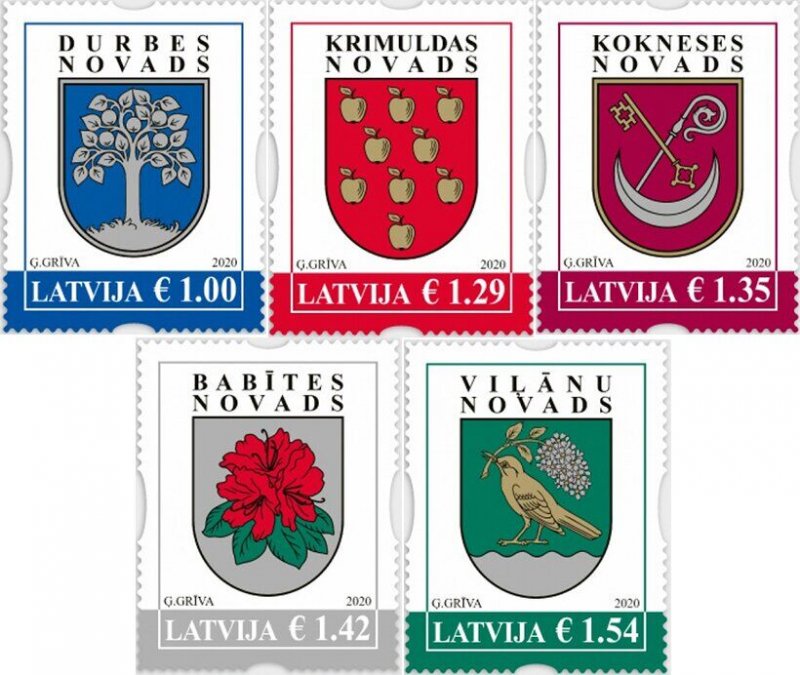 Latvia Lettland Lettonie 2020 Definitives Regional Coat of Arms set of 5 stamps MNH - Image 1
