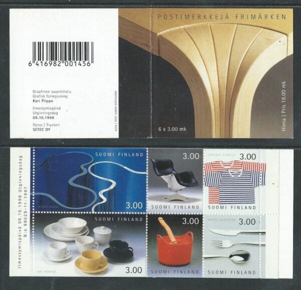 Finland Finnland Finlande 1998 Finnish design set of 6 stamps in block in booklet MNH