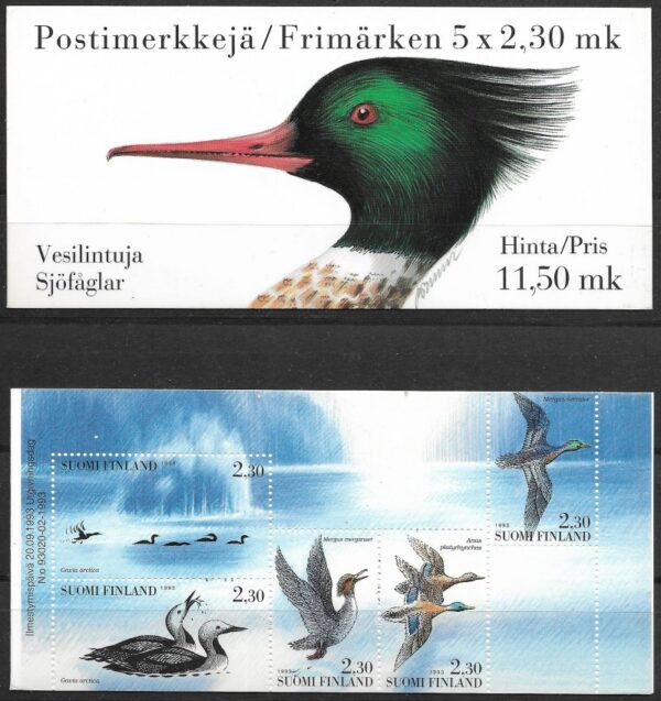 Finland Finnland Finlande 1993 Water birds set of 5 stamps in block in booklet MNH