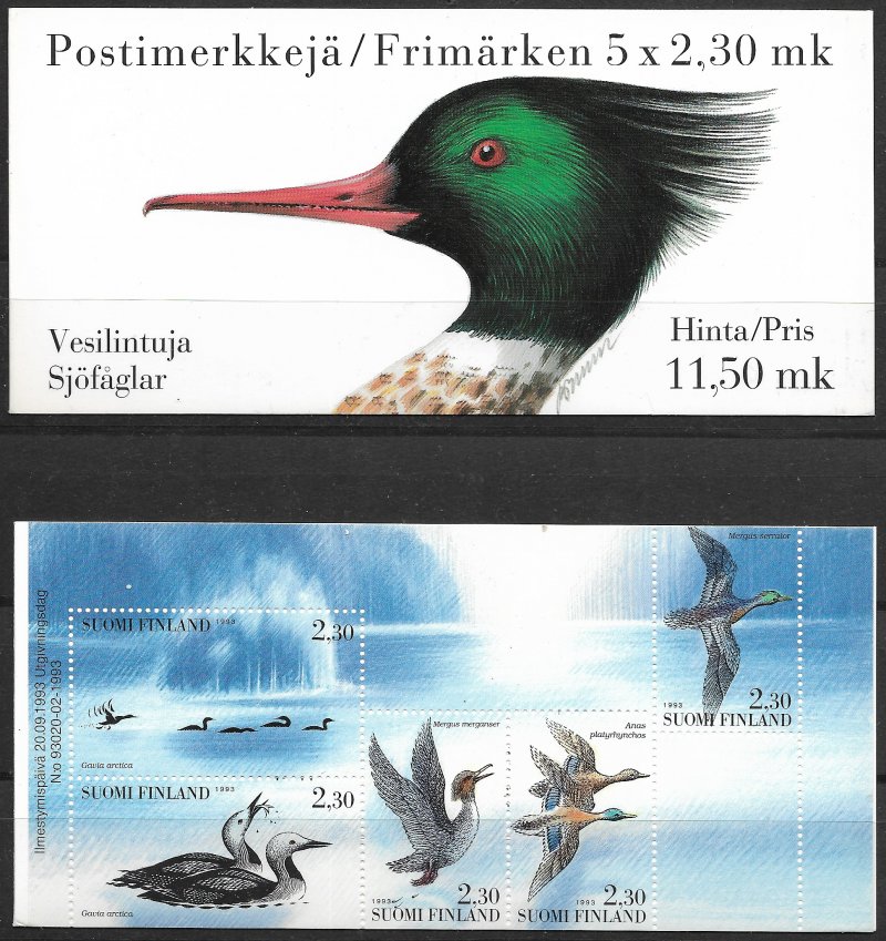 Finland Finnland Finlande 1993 Water birds set of 5 stamps in block in booklet MNH - Image 1