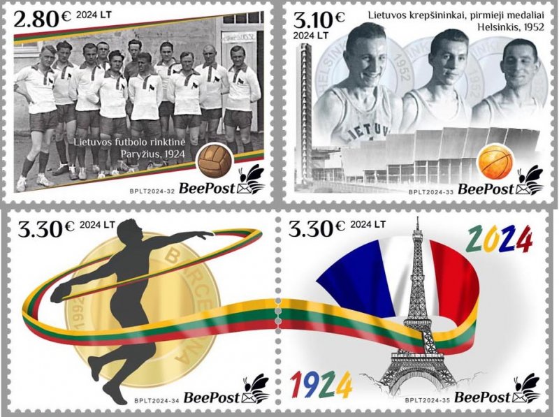 Lithuania Litauen Lituanie 2024 Olympic games Paris Olympics 100 Ann Lithuanian Athletes' Participation BeePost set of 4 stamps MNH - Image 1