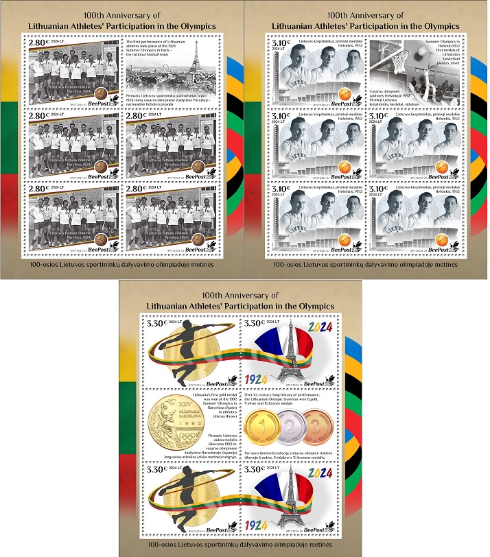 Lithuania Litauen Lituanie 2024 Olympic games Paris Olympics 100 Ann Lithuanian Athletes' Participation BeePost set of 3 sheetlets MNH - Image 1
