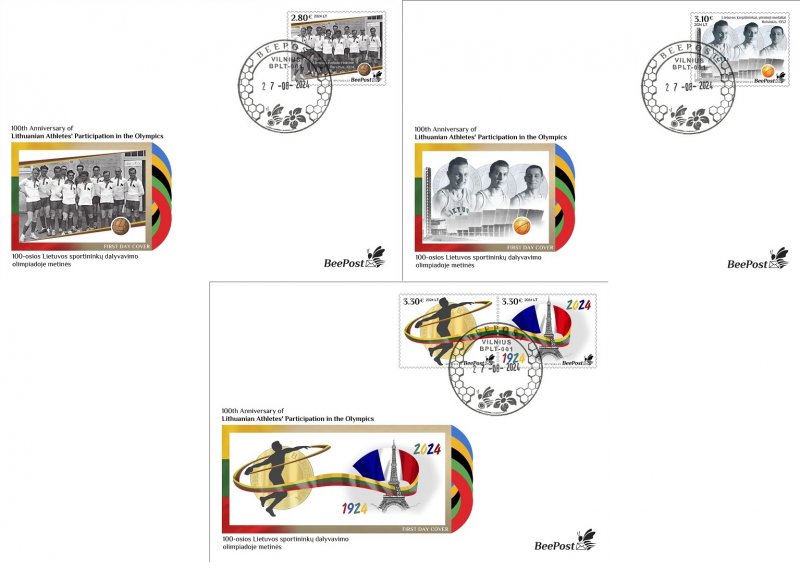 Lithuania Litauen Lituanie 2024 Olympic games Paris Olympics 100 Ann Lithuanian Athletes' Participation BeePost FDC set - Image 1