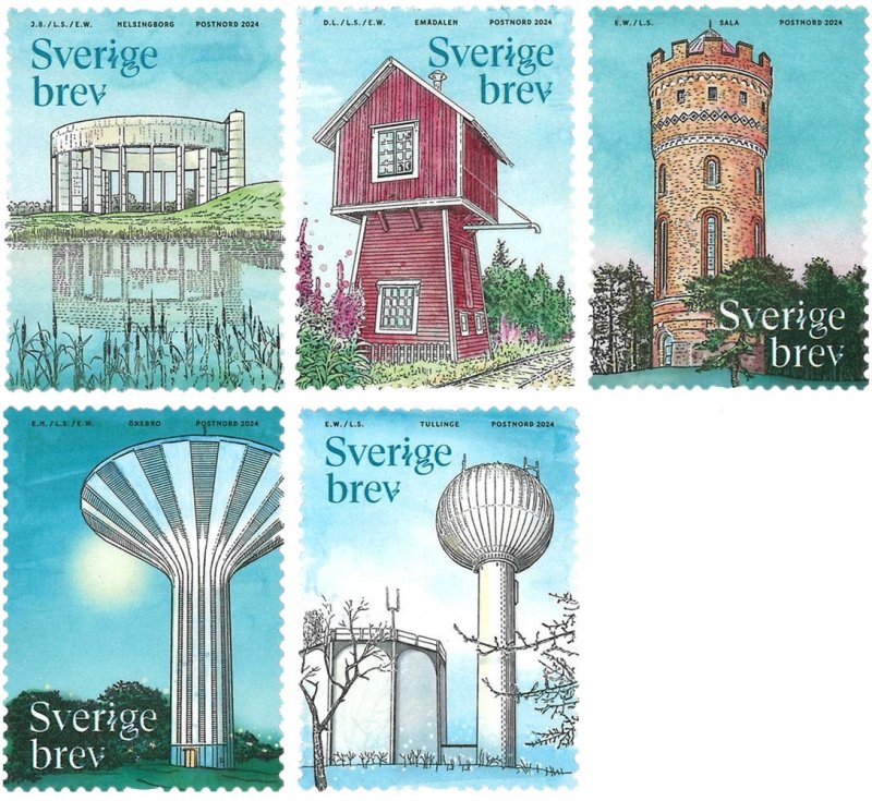 Sweden Suède Suède 2024 Water towers Railway Towns Postnord Set of 5 stamps MNH - Image 1