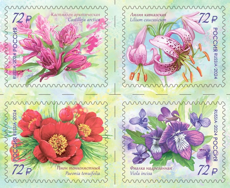 Russia Russland Russie 2024 Rare flowers Set of 4 stamps in block 2x2 MNH - Image 1
