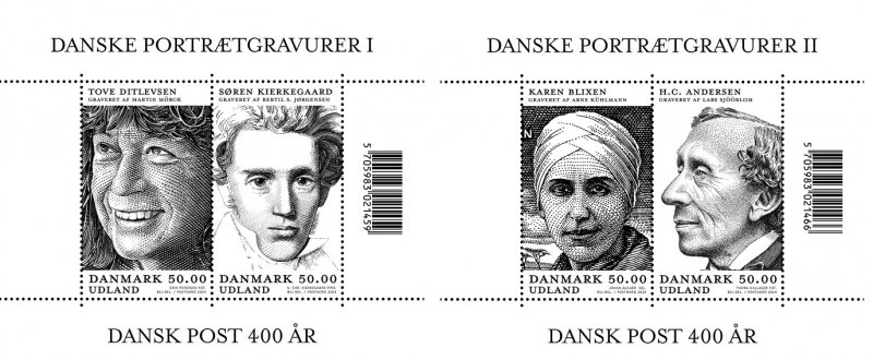 Denmark Danemark Danmark 2024 400 ann Post Portrait engravings PostNord set of 2 block's MNH - Image 1