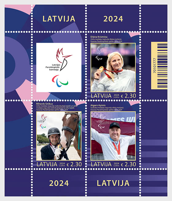 Latvia Lettland Lettonie 2024 Paralympic medallists Paris Olympics set of 3 stamps with label in block MNH