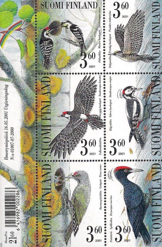 Finland 2001 Woodpeckers birds set of 6 stamps in block MNH