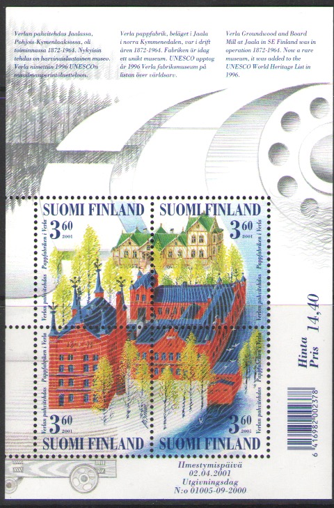 Finland Finnland Finlande 2001 UNESCO World heritage Verla old factory set of 4 stamps block MNH