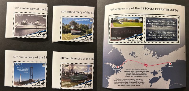 Estonia 2024 ESTONIA ferry tragedy 30 ann BeePost Set of 4 stamps and block MNH - Image 1