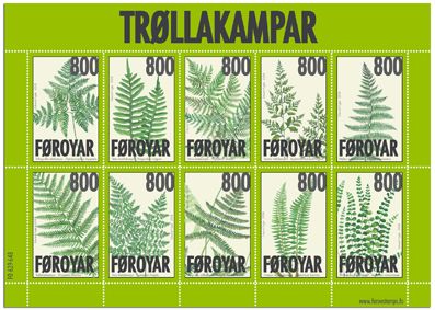 Faroe Islands Denmark 2008 Flora Ferns set of 10 stamps in block / sheetlet MNH