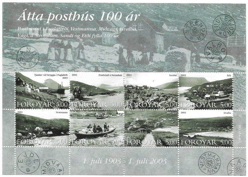 Faroe Islands Denmark 2003 Main post offices 100 ann Set of 8 stamps in block / sheetlet MNH - Image 1
