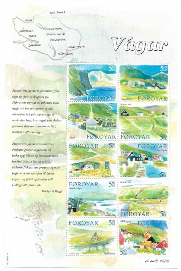 Faroe Islands Denmark 2005 Vagar island villages Set of 10 stamps in block / sheetlet MNH