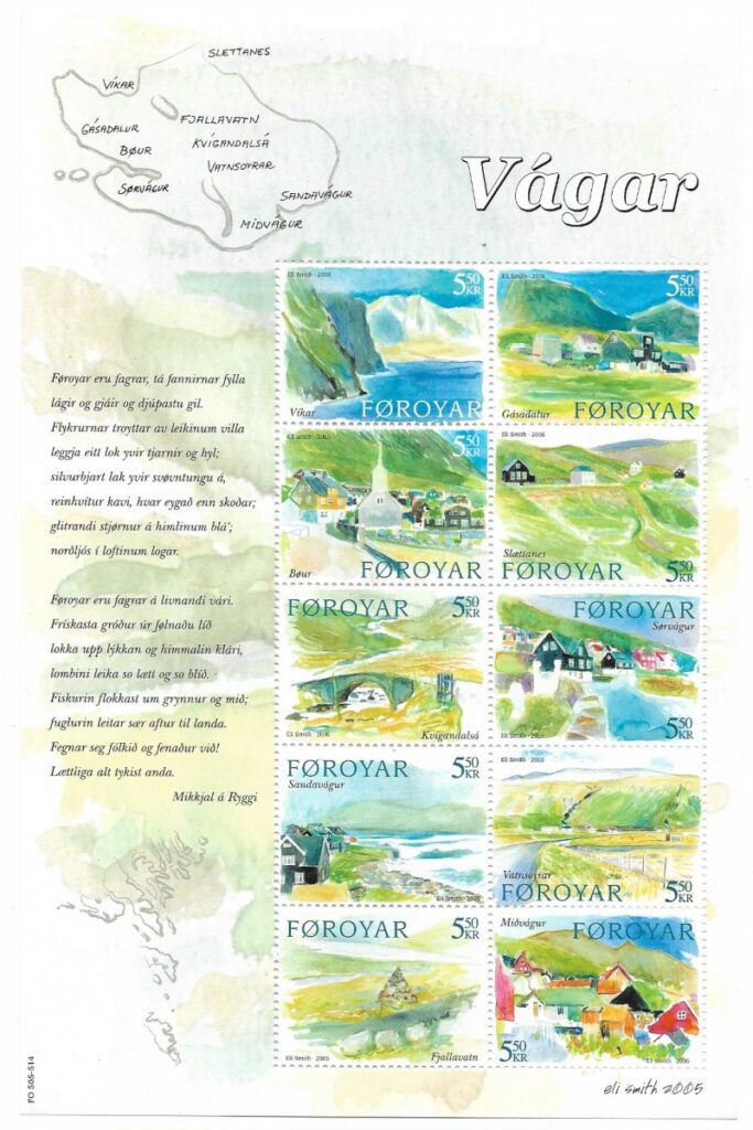 Faroe Islands Denmark 2005 Vagar island villages Set of 10 stamps in block / sheetlet MNH