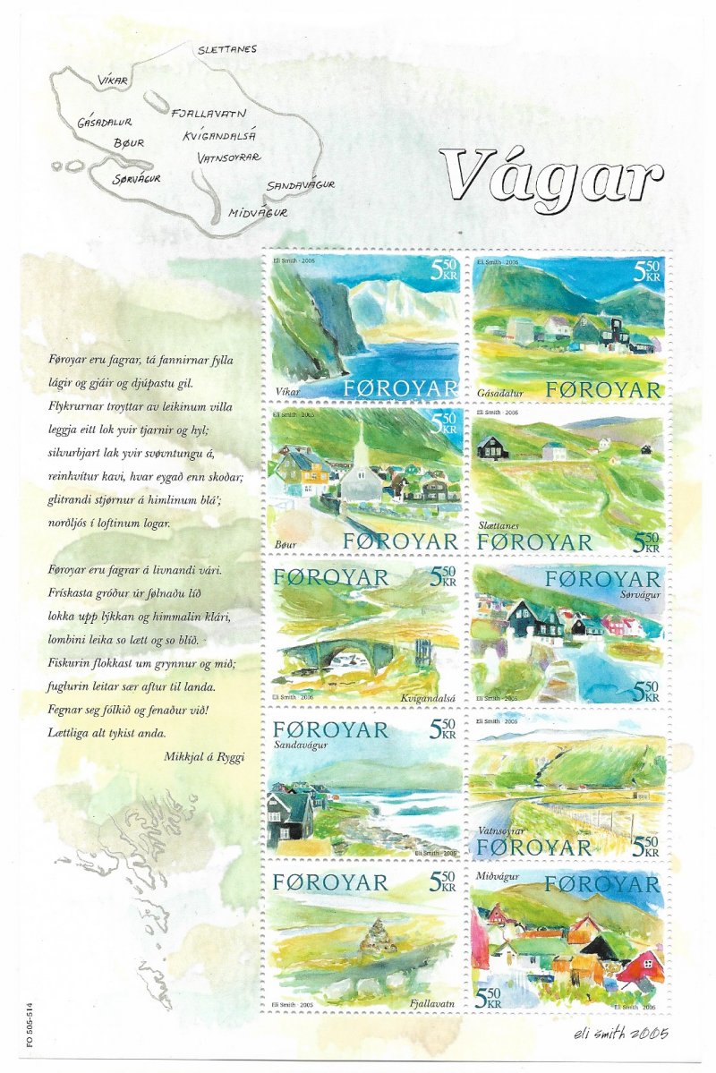 Faroe Islands Denmark 2005 Vagar island villages Set of 10 stamps in block / sheetlet MNH - Image 1