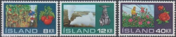 Iceland Island Istande 1972 Agriculture Greenhouse crops Tomatoes Geyser Roses Set of 3 stamps MNH