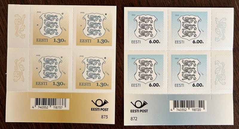 Estonia Estland Estonie 2025 Definitives State Coat of Arms Set of 2 bottom quarter blocks 2x2 MNH - Image 1