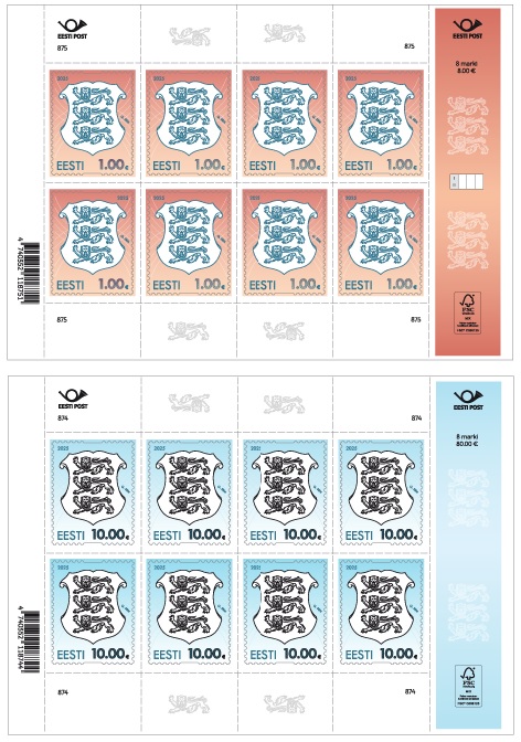 Estonia Estland Estonie 2025 Definitives State Coat of Arms 1 and 10 EUR Set of 2 sheetlets MNH