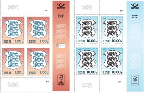 Estonia Estland Estonie 2025 Definitives State Coat of Arms 1 and 10 EUR Set of 2 quarter blocks with wide leaf margin MNH