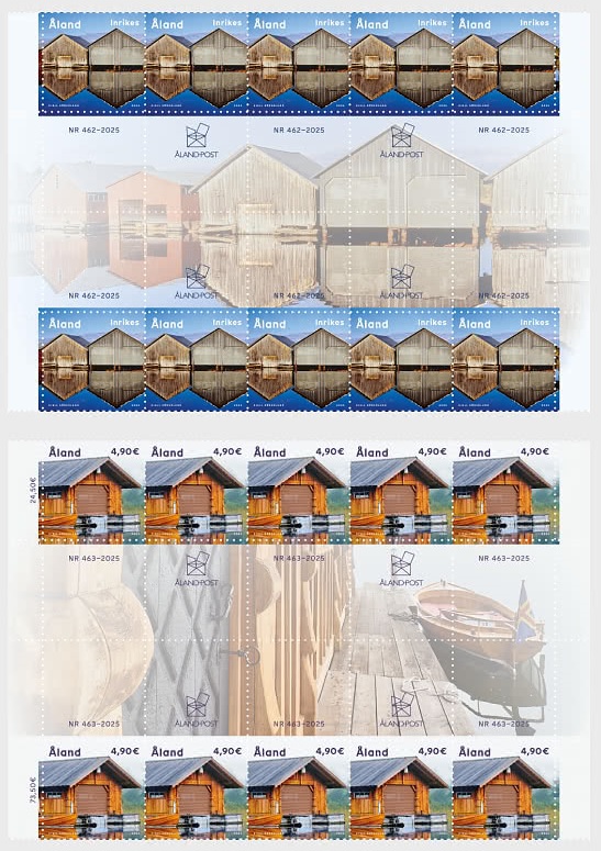 Aland Finland 2025 Boathouses Ships Set of 2 blocks of 10 stamps and all labels types each MNH