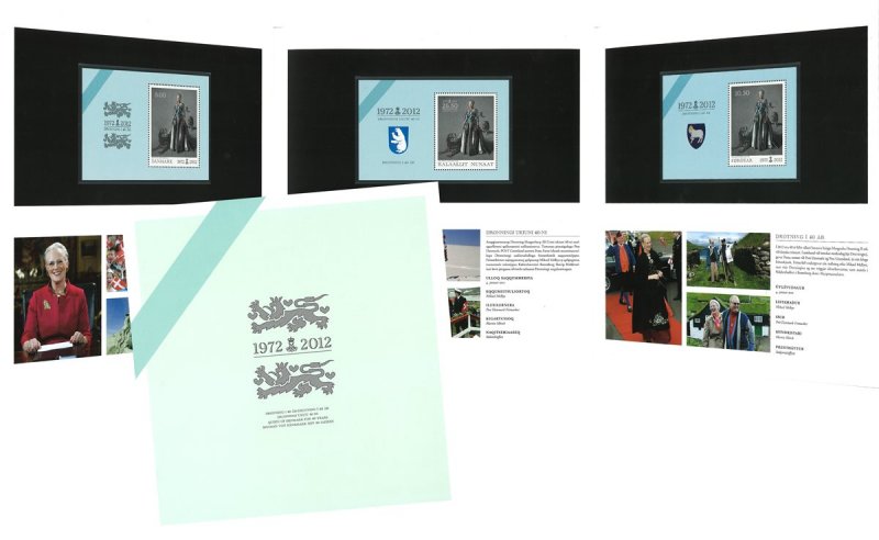 Faroe Islands Denmark Greenland 2012 Danish Queen 40 years reign Block's of 3 countries in special booklet MNH - Image 1