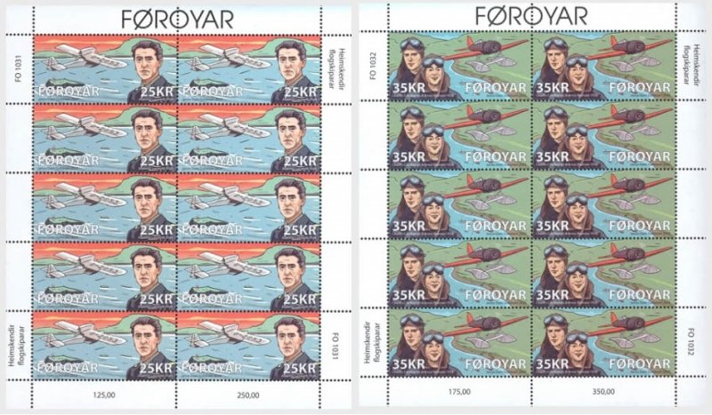 Faroe Islands Denmark 2025 Airplanes Famous Pilots Set of 2 sheetlets MNH - Image 1