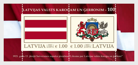 Latvia 2021 National Coat of Arms and Flag 100 ann block MNH