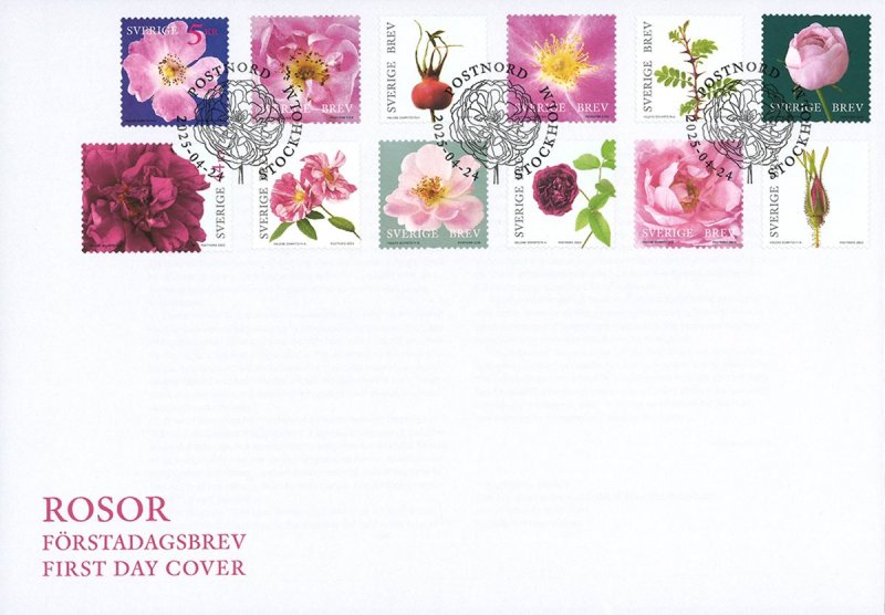 Sweden 2025 National Roses Full set of 12 stamps FDC - Image 1