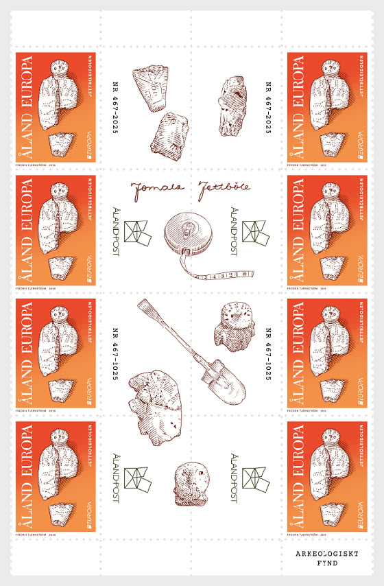 Aland islands Åland Finland 2025 Europa CEPT Archeology Block of 8 stamps and all labels MNH