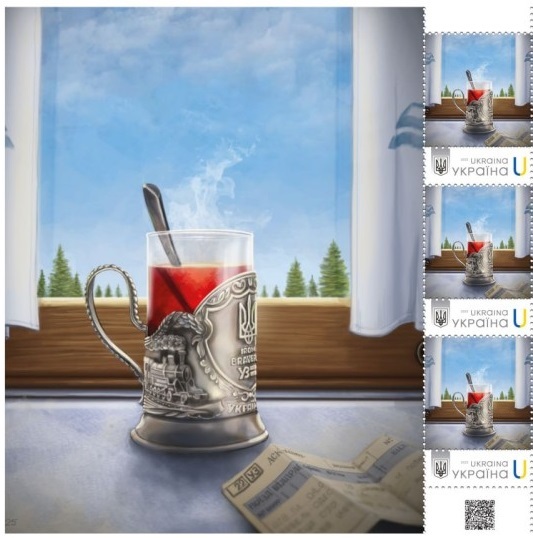 Ukraine 2025 Ukrainian Railways Cup holder with a steam locomotive ticket Strip of 3 stamps with large label MNH