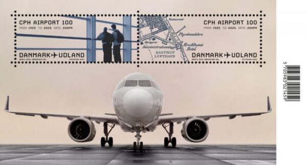 Denmark 2025 CPH Airport 100 ann Airplane PostNord Set of 2 stamps in block MNH