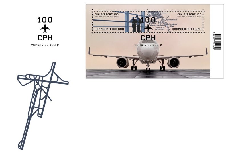 Denmark 2025 CPH Airport 100 ann Airplane PostNord Set of 2 stamps in block FDC - Image 1