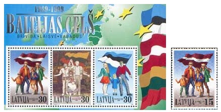 Latvia 1999 Baltic Way 10 ann Joint issue with Estonia and Lithuania Stamp and block MNH