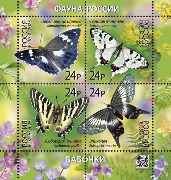 Russia 2025 Butterflies Set of 4 stamps in block MNH
