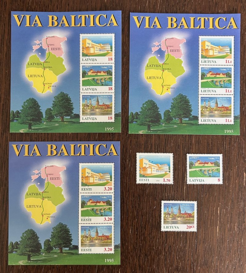 Estonia Latvia Lithuania 1995 Via Baltica Motorway joint issue Three countries full set of stamps and block's MNH - Image 1