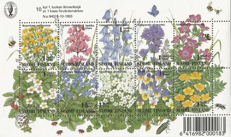 Finland 1994 Blooming meadow Flowers bees butterflies berries Set of 10 stamps in block / sheetlet MNH - Image 1