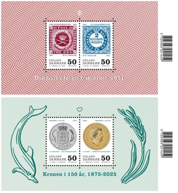 Denmark 2025 First stamps and coins Set of 4 stamps in 2 block's MNH