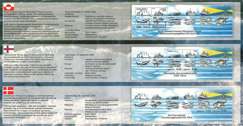 Denmark Faroe Greenland 2002 ICES 100 ann Joint issue Fishes ships lighthouses Set of 3 block's MNH in booklet - Image 1