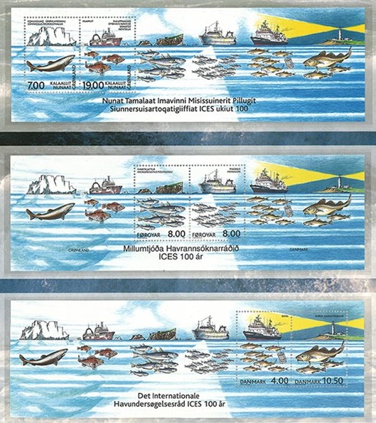 Denmark Faroe Greenland 2002 ICES 100 ann Joint issue Fishes ships lighthouses Set of 3 block's MNH