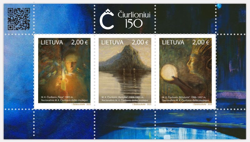 Lithuania 2025 Čiurlionis Artist Composer 150 ann Set of 3 stamps in block MNH - Image 1