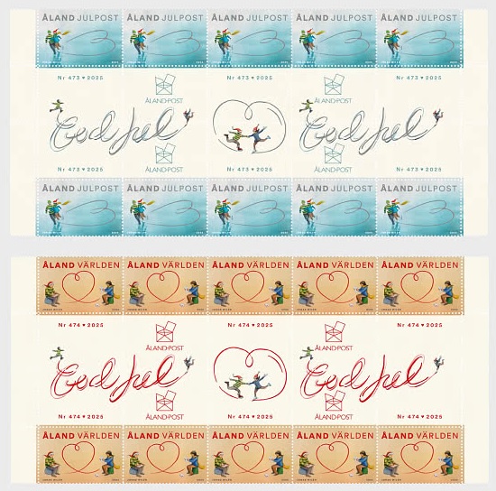 Aland Finland 2025 Christmas Set of 2 blocks of 10 stamps and all types labels each MNH
